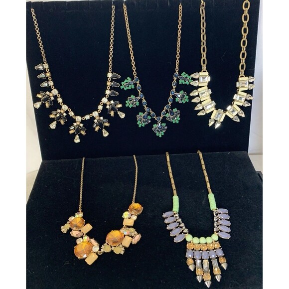J.CREW LOT of 5 STATEMENT NECKLACES All Wearable Gold Tone Rhinestone Bling - Picture 1 of 8
